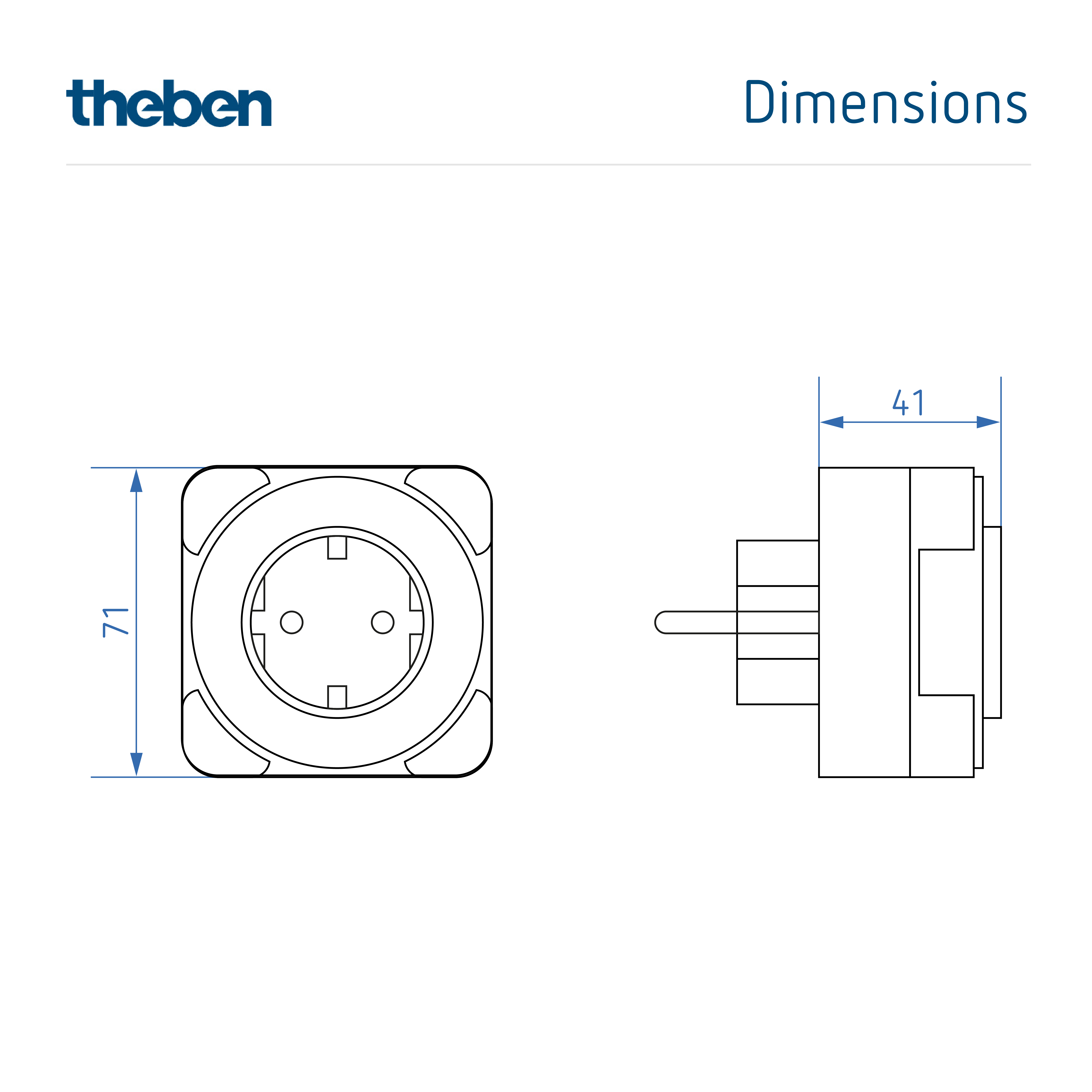 Technische Zeichnung mit Abmessungen des theben timer 27 Gehäuses in Seiten- und Frontansicht