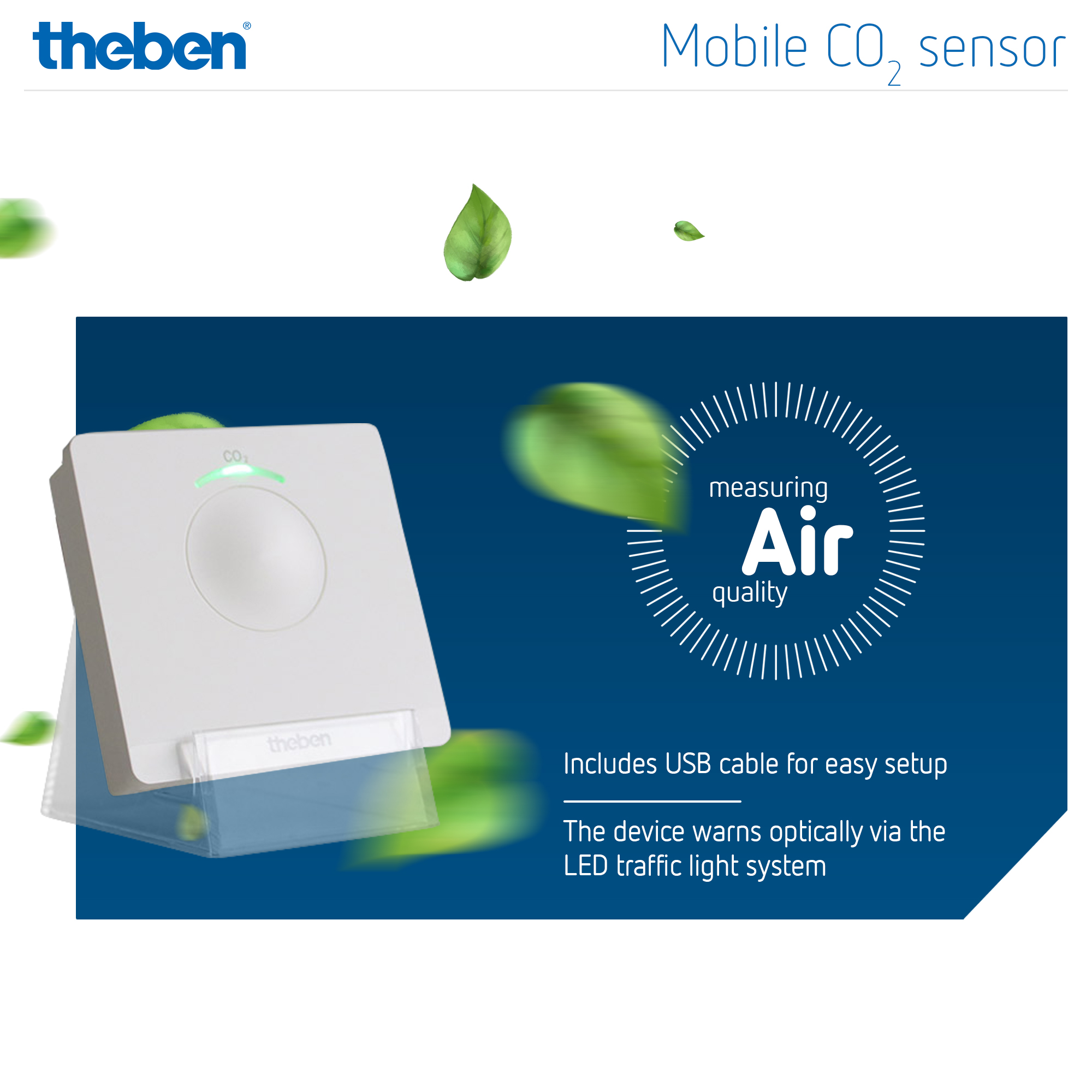 Mobiler CO₂-Sensor AMUN 716 von Theben mit USB-Stromversorgung und Luftqualitätsanzeige