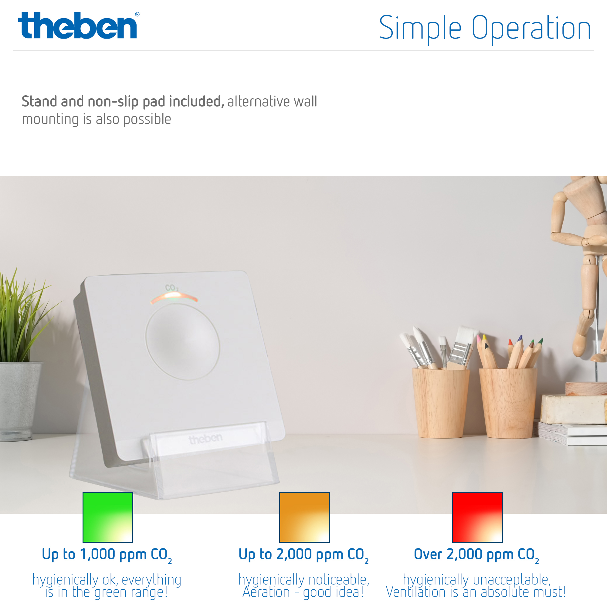 Theben AMUN 716 CO₂-Sensor auf Tischständer mit Ampelfunktion zur Raumluftbewertung