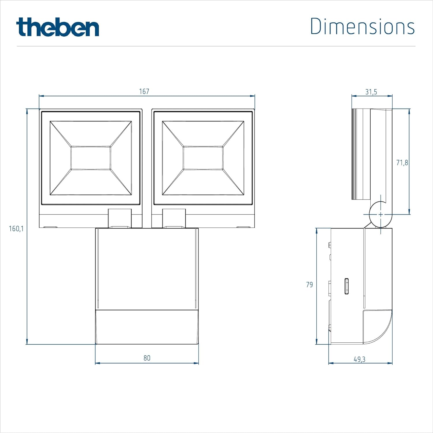 LED-Strahler theLeda S20L WH Abmessungen