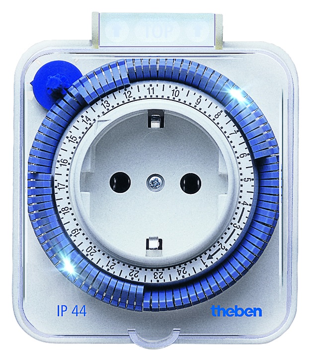Mechanische Zeitschaltuhr theben timer 26 IP44 mit blauem 24-Stunden-Schaltkranz und Klappdeckel