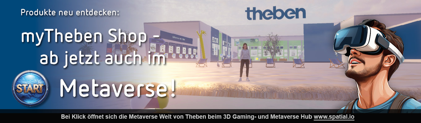 Banner myTheben Shop ab jetzt auch im Metaverse: Mann mit VR Brille, Vorschau des Metavers-Shops, Hinweis, dass auf www.spatial.io weitergeleitet wird