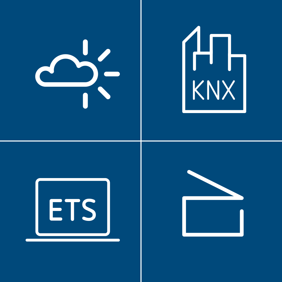 Vier Symbole: Wetterstation mit Sonne und Wolke, Industriegebäude mit KNX-Logo, Laptop mit ETS-Schriftzug, Motorsteuerung für Jalousien oder Rollläden